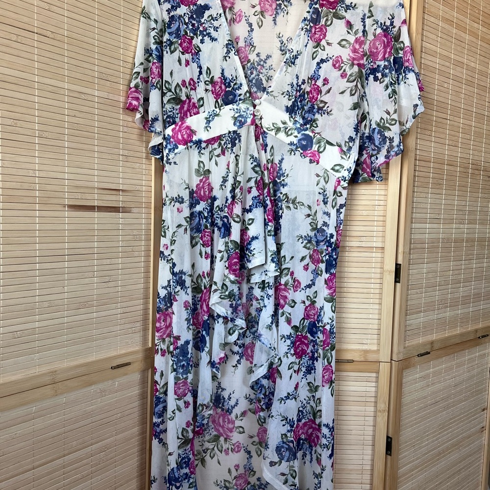 Blue Rain Floral High-Low Blouse with Pink and Blue Accents